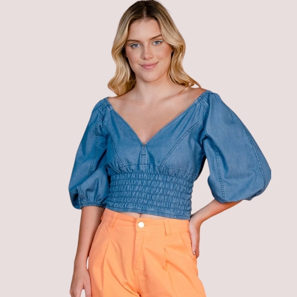 Denim 70's Balloon Sleeve Seamed Cropped Smocked Summer Boho Top 2X‎ Girl Soul - Picture 3 of 8